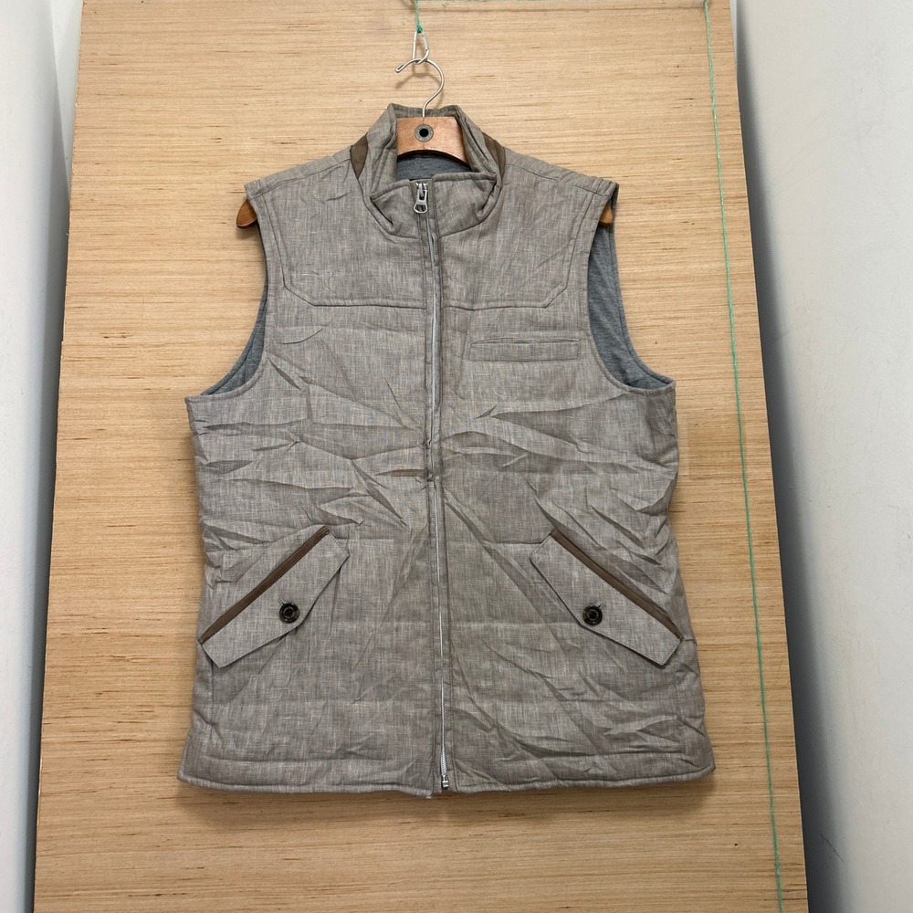 Tasso Elba Mens‎ Quilted Vest Tan Grey Linen Blend Faux Suede Trim Size M